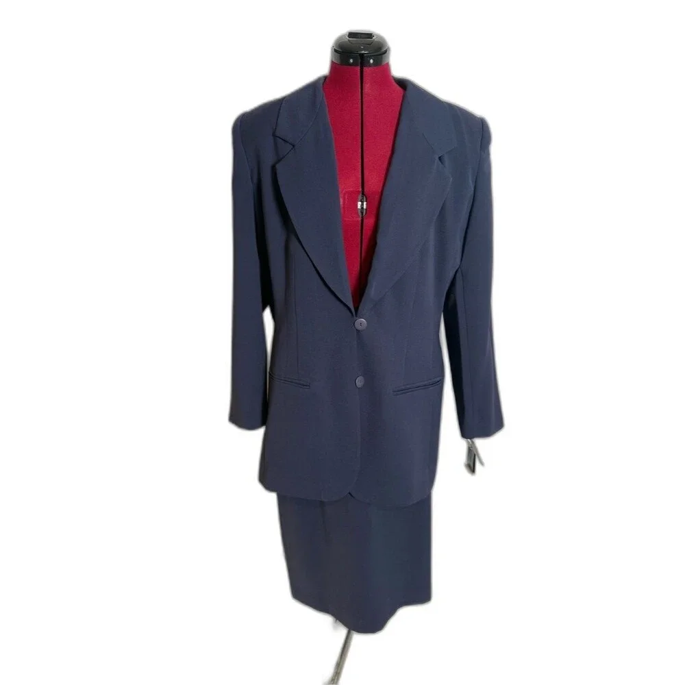 NWT Valerie Stevens Skirt Suit Size 16 Navy Blue 2-Piece Set Blazer & Skirt